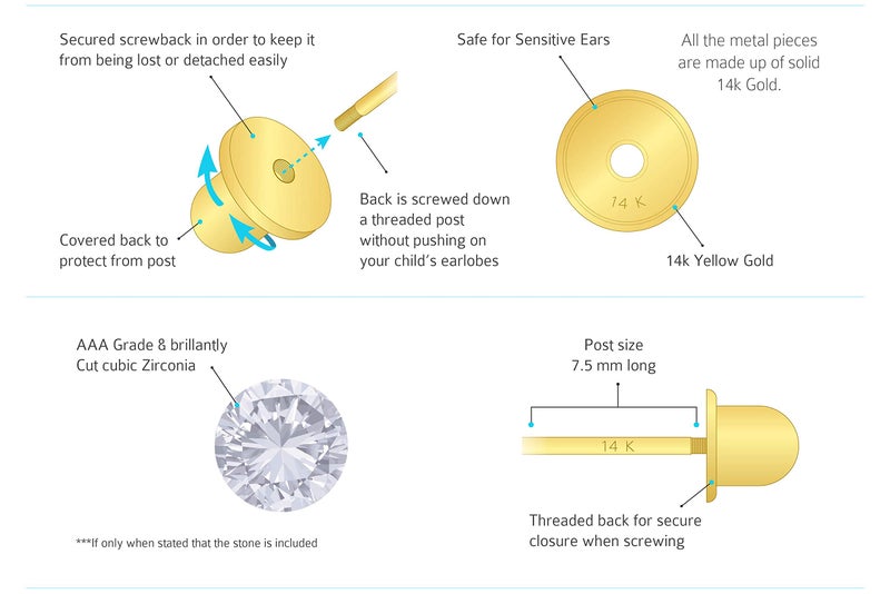 Lovearing 14k Yellow Gold 4mm Basket Round Solitaire Cubic Zirconia Children Screw Back Baby Girls Earrings - Image 4